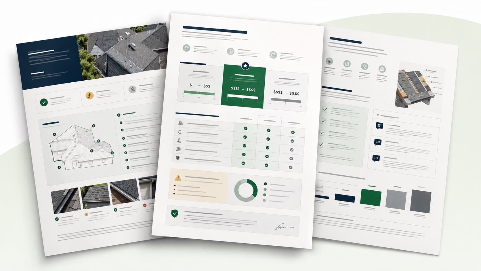 RoofQuoteCheck sample report pages showing price range, scope checks, and homeowner questions